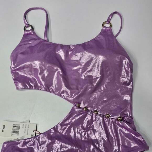 Red Carter Shimmer Asymmetric-Button One-Piece Swimsuit - Picture 6 of 10